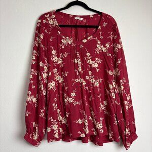 Lucky Brand Maroon Floral Blouse Top Size L Long Sleeve Peasant Cottagecore Boho